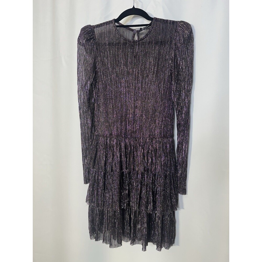 Sabina Musayev Purple Tiered Ruffle Mini Dress Med Plisse Metallic Cocktail $285